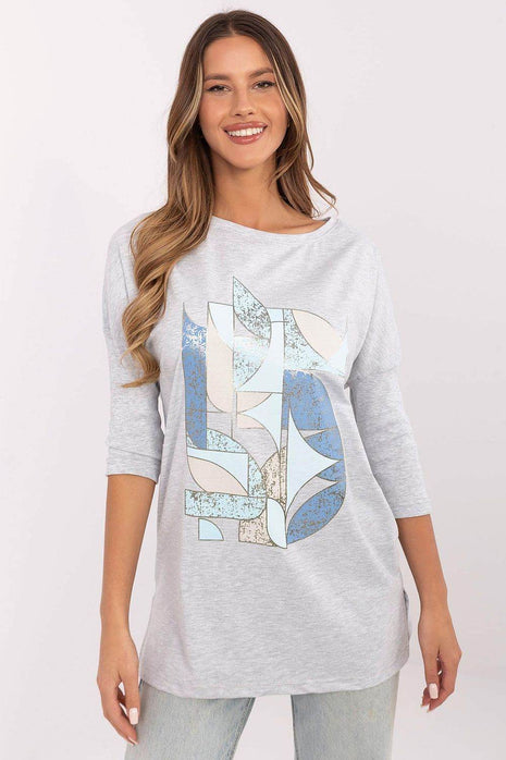 Cotton-Blend Blouse with Ribbed 3/4 Sleeves & Front Print - MimiStylez