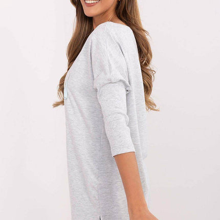 Cotton-Blend Blouse with Ribbed 3/4 Sleeves & Front Print - MimiStylez