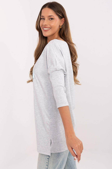 Cotton-Blend Blouse with Ribbed 3/4 Sleeves & Front Print - MimiStylez