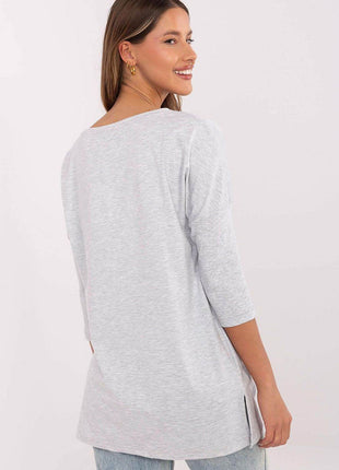 Cotton-Blend Blouse with Ribbed 3/4 Sleeves & Front Print - MimiStylez