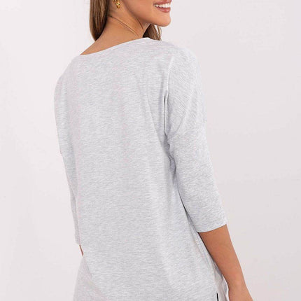Cotton-Blend Blouse with Ribbed 3/4 Sleeves & Front Print - MimiStylez