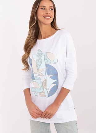 Cotton-Blend Blouse with Ribbed 3/4 Sleeves & Front Print - MimiStylez