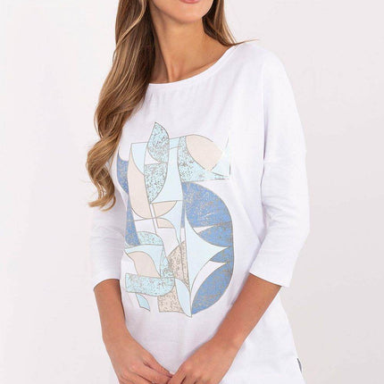 Cotton-Blend Blouse with Ribbed 3/4 Sleeves & Front Print - MimiStylez