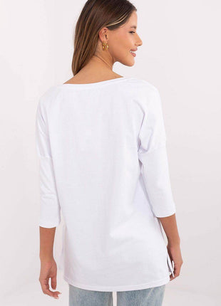 Cotton-Blend Blouse with Ribbed 3/4 Sleeves & Front Print - MimiStylez