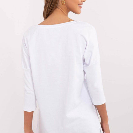 Cotton-Blend Blouse with Ribbed 3/4 Sleeves & Front Print - MimiStylez