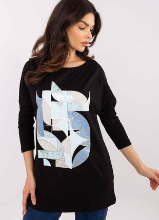 Cotton-Blend Blouse with Ribbed 3/4 Sleeves & Front Print - MimiStylez