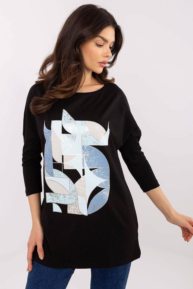 Cotton-Blend Blouse with Ribbed 3/4 Sleeves & Front Print - MimiStylez