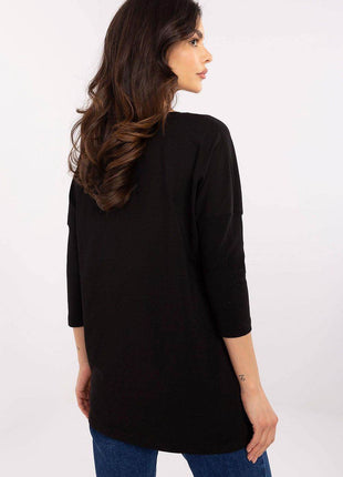 Cotton-Blend Blouse with Ribbed 3/4 Sleeves & Front Print - MimiStylez