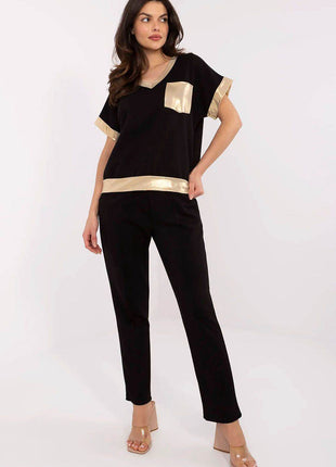 Chic V-Neck Blouse & High-Waisted Pants Set with Golden Details - MimiStylez