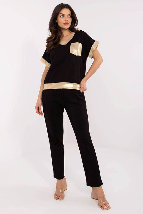 Chic V-Neck Blouse & High-Waisted Pants Set with Golden Details - MimiStylez