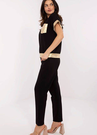 Chic V-Neck Blouse & High-Waisted Pants Set with Golden Details - MimiStylez