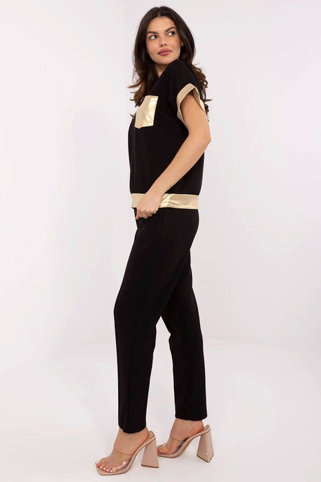 Chic V-Neck Blouse & High-Waisted Pants Set with Golden Details - MimiStylez