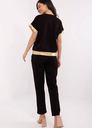 Chic V-Neck Blouse & High-Waisted Pants Set with Golden Details - MimiStylez