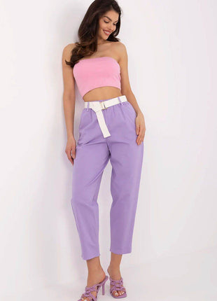 Elegant Cotton High-Waist Women's Trousers with Fabric Belt & Side Pockets - MimiStylez