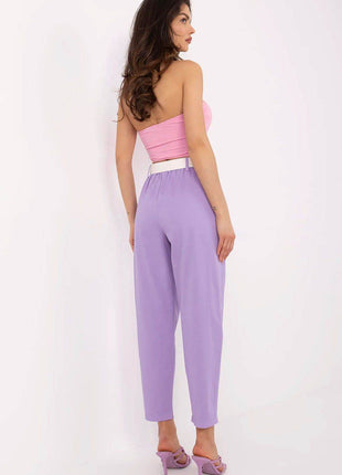Elegant Cotton High-Waist Women's Trousers with Fabric Belt & Side Pockets - MimiStylez