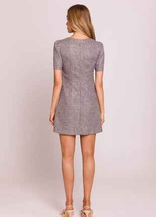 Trapeze Mini Dress with Puffy Sleeves and Heart-Shaped Gold Buttons - MimiStylez