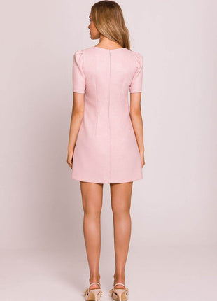 Trapeze Mini Dress with Puffy Sleeves and Heart-Shaped Gold Buttons - MimiStylez