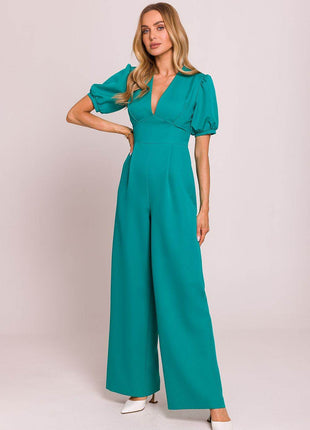 V-Neck Jumpsuit with Puff Sleeves and Flared Pleated Legs - MimiStylez