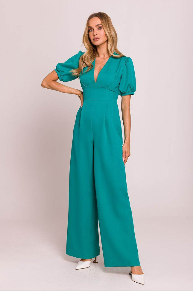 V-Neck Jumpsuit with Puff Sleeves and Flared Pleated Legs - MimiStylez