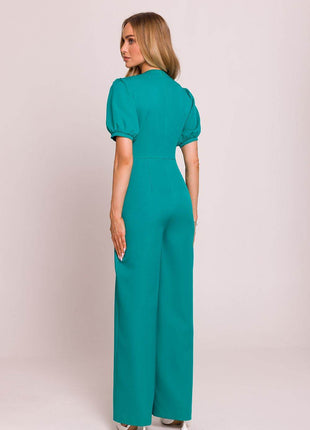 V-Neck Jumpsuit with Puff Sleeves and Flared Pleated Legs - MimiStylez