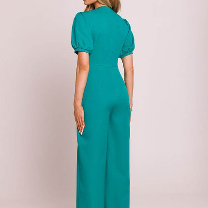 V-Neck Jumpsuit with Puff Sleeves and Flared Pleated Legs - MimiStylez