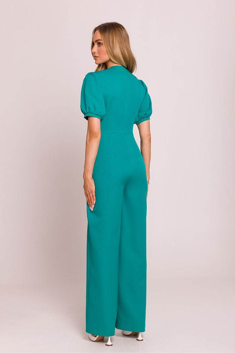 V-Neck Jumpsuit with Puff Sleeves and Flared Pleated Legs - MimiStylez