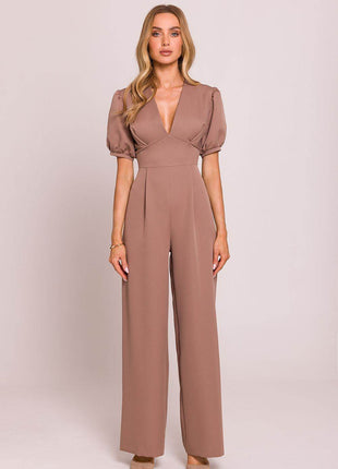 V-Neck Jumpsuit with Puff Sleeves and Flared Pleated Legs - MimiStylez