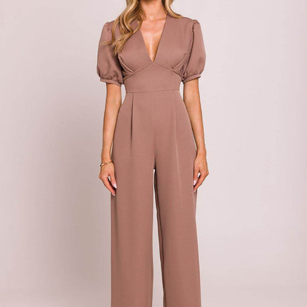 V-Neck Jumpsuit with Puff Sleeves and Flared Pleated Legs - MimiStylez