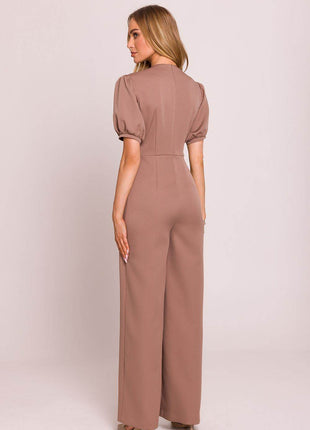V-Neck Jumpsuit with Puff Sleeves and Flared Pleated Legs - MimiStylez