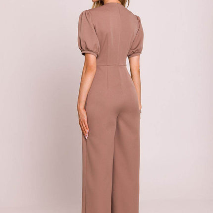 V-Neck Jumpsuit with Puff Sleeves and Flared Pleated Legs - MimiStylez