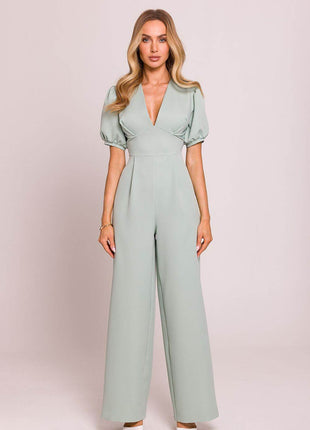 V-Neck Jumpsuit with Puff Sleeves and Flared Pleated Legs - MimiStylez