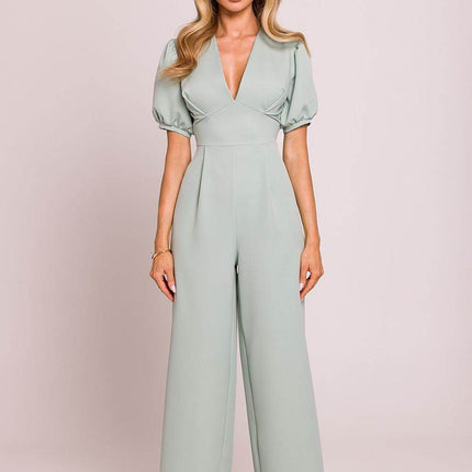 V-Neck Jumpsuit with Puff Sleeves and Flared Pleated Legs - MimiStylez