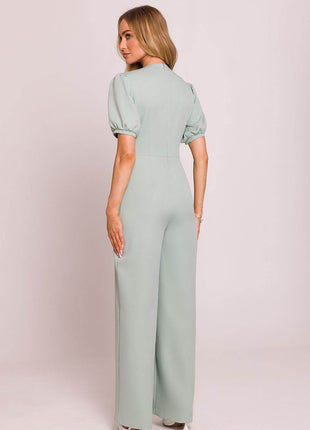 V-Neck Jumpsuit with Puff Sleeves and Flared Pleated Legs - MimiStylez