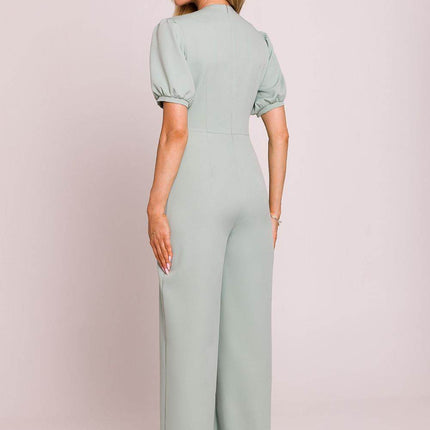 V-Neck Jumpsuit with Puff Sleeves and Flared Pleated Legs - MimiStylez