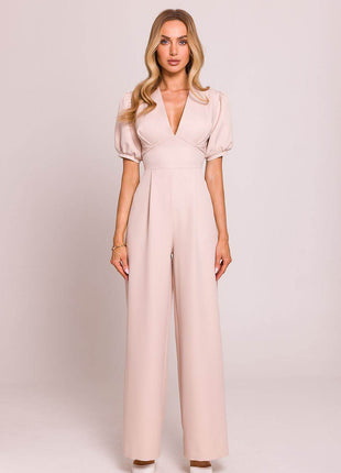 V-Neck Jumpsuit with Puff Sleeves and Flared Pleated Legs - MimiStylez