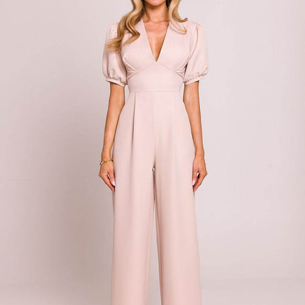 V-Neck Jumpsuit with Puff Sleeves and Flared Pleated Legs - MimiStylez