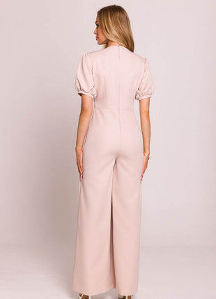 V-Neck Jumpsuit with Puff Sleeves and Flared Pleated Legs - MimiStylez