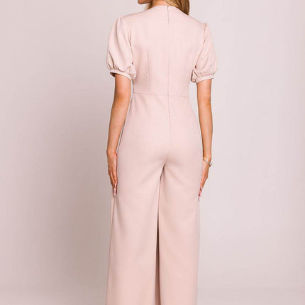 V-Neck Jumpsuit with Puff Sleeves and Flared Pleated Legs - MimiStylez