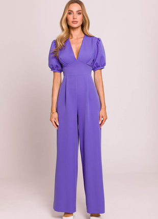 V-Neck Jumpsuit with Puff Sleeves and Flared Pleated Legs - MimiStylez