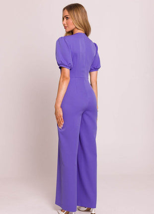 V-Neck Jumpsuit with Puff Sleeves and Flared Pleated Legs - MimiStylez
