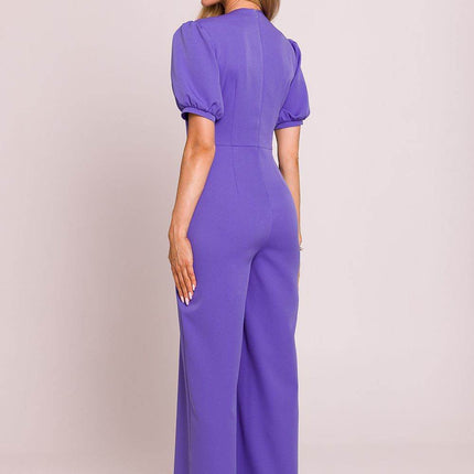 V-Neck Jumpsuit with Puff Sleeves and Flared Pleated Legs - MimiStylez
