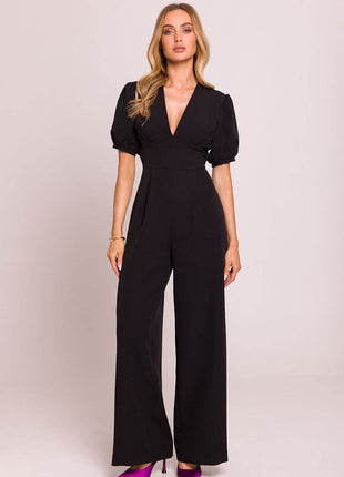V-Neck Jumpsuit with Puff Sleeves and Flared Pleated Legs - MimiStylez