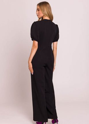 V-Neck Jumpsuit with Puff Sleeves and Flared Pleated Legs - MimiStylez