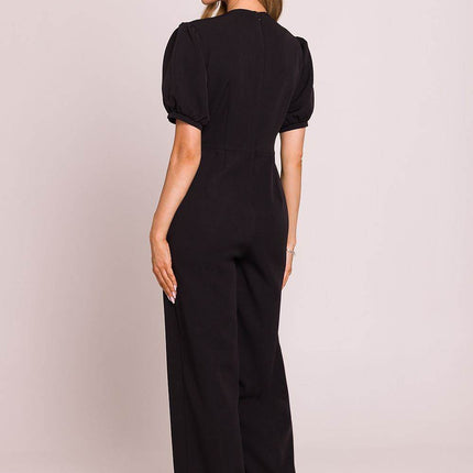 V-Neck Jumpsuit with Puff Sleeves and Flared Pleated Legs - MimiStylez