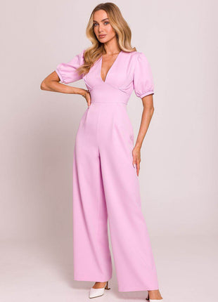 V-Neck Jumpsuit with Puff Sleeves and Flared Pleated Legs - MimiStylez