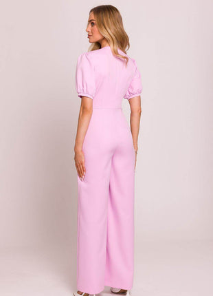 V-Neck Jumpsuit with Puff Sleeves and Flared Pleated Legs - MimiStylez