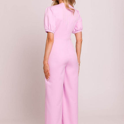 V-Neck Jumpsuit with Puff Sleeves and Flared Pleated Legs - MimiStylez