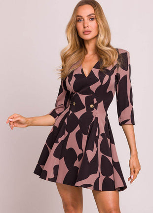 Printed Flared Mini Dress with Deep V-Neck, Elbow Sleeves & Waist Buttons - MimiStylez