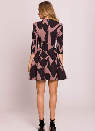 Printed Flared Mini Dress with Deep V-Neck, Elbow Sleeves & Waist Buttons - MimiStylez