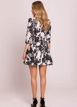 Printed Flared Mini Dress with Deep V-Neck, Elbow Sleeves & Waist Buttons - MimiStylez